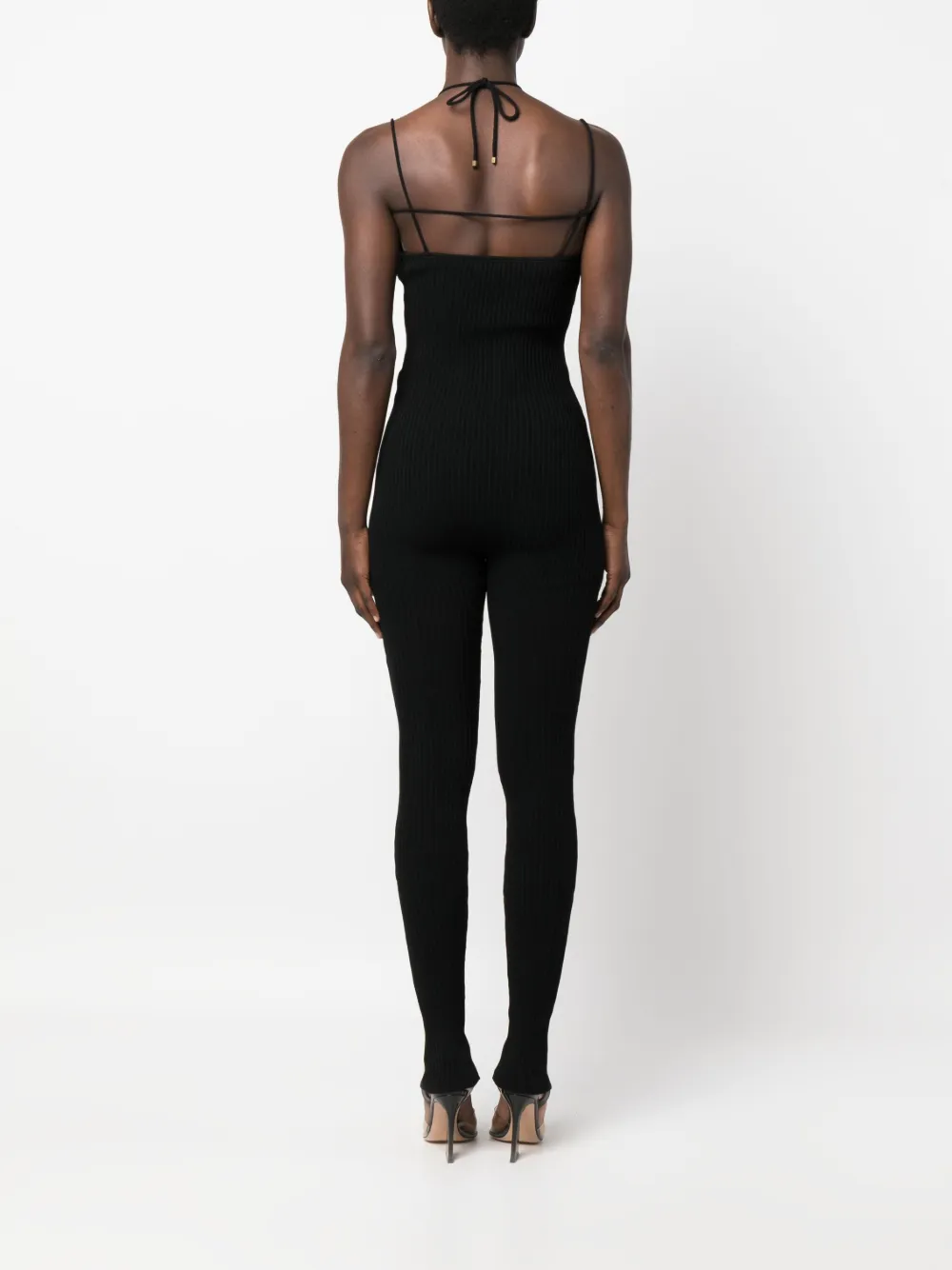Blumarine Strappy Ribbed-knit Jumpsuit In Black