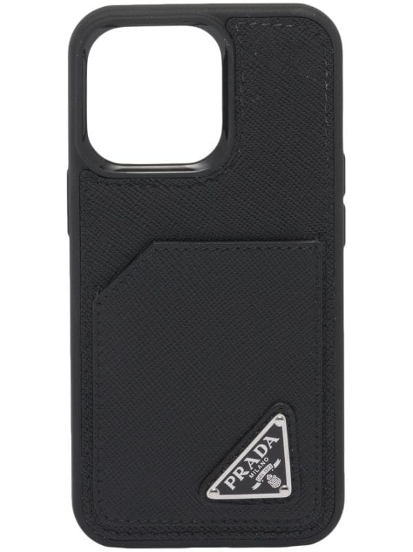 Saffiano Leather Phone Case With Logo in Black - Prada