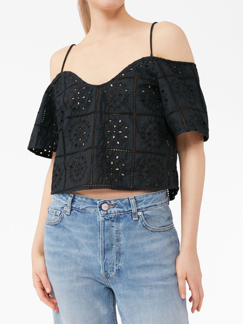 Shop Ganni Broderie Anglaise Cropped Top In Schwarz