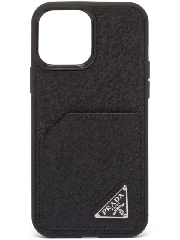 Saffiano Leather Phone Case With Logo in Black - Prada