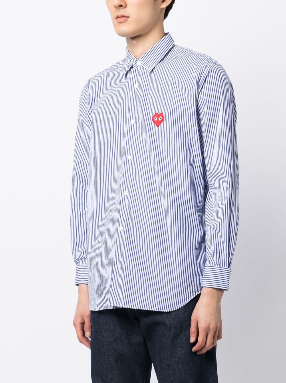 Shop Comme Des Garçons Heart-patch Striped Cotton Shirt In Blue