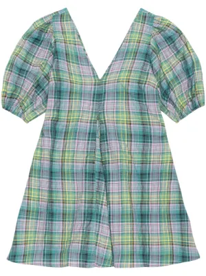 ganni blue seersucker check mini dress Ganni Checked Cotton-blend Seersucker Mini Shirt Dress in Blue