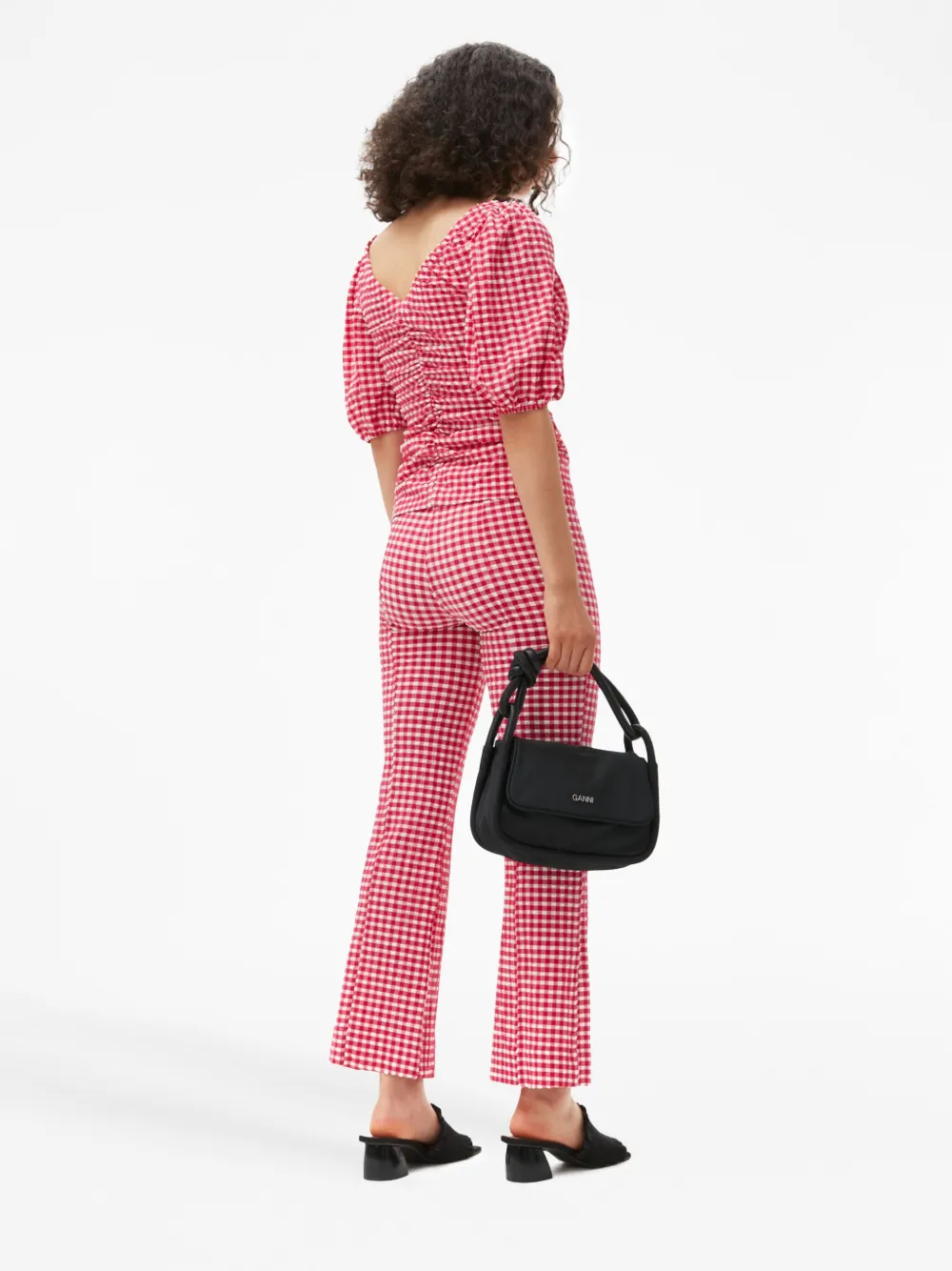 Ganni Check-print Flared Trousers In Pink
