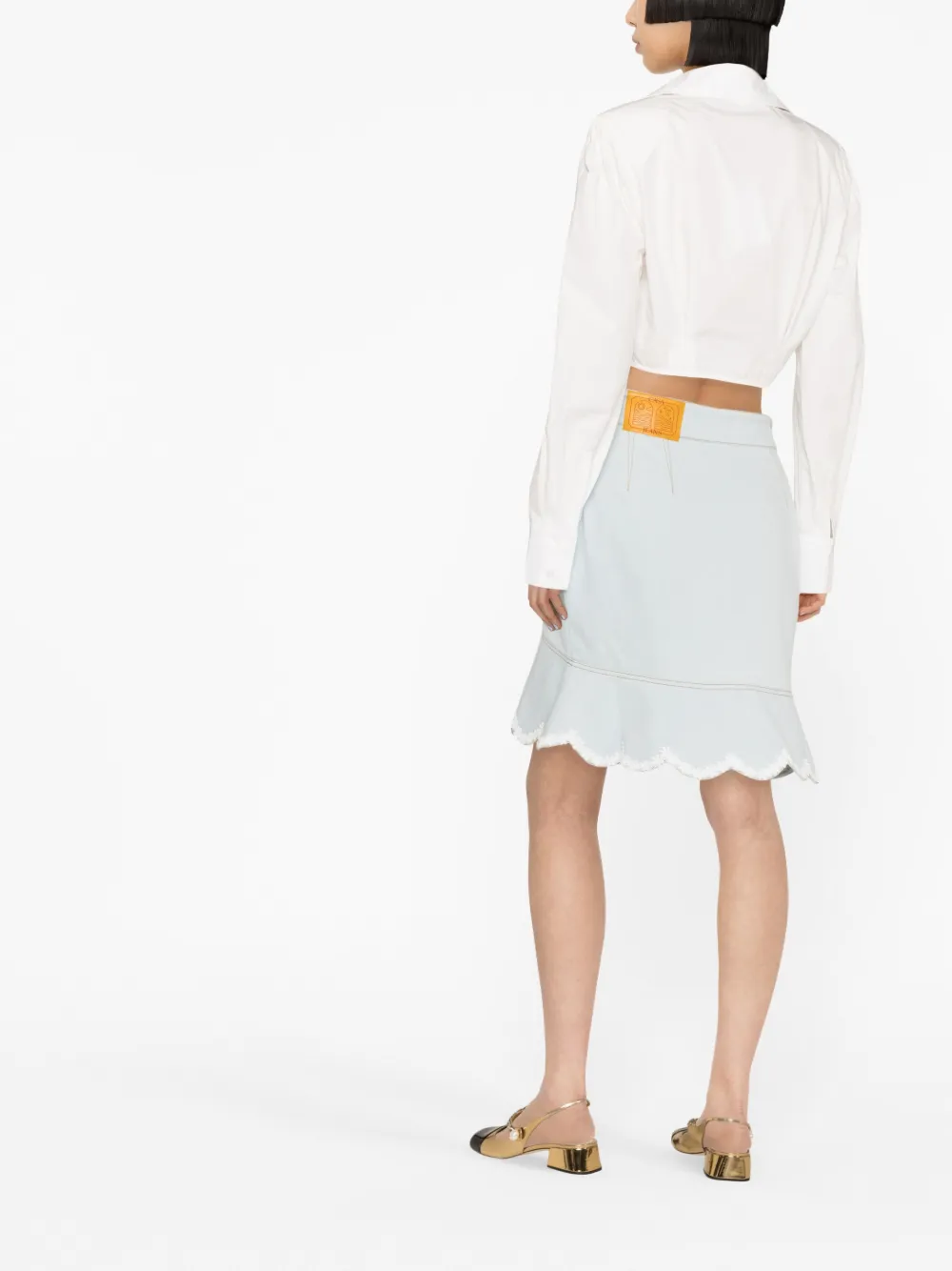 Shop Casablanca Floral-embroidered Denim Peplum Skirt In Blau