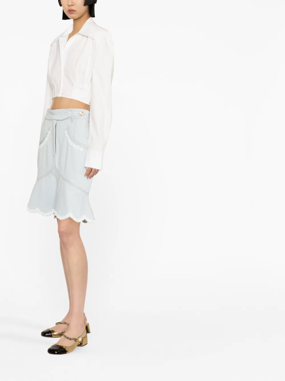 Shop Casablanca Floral-embroidered Denim Peplum Skirt In Blau