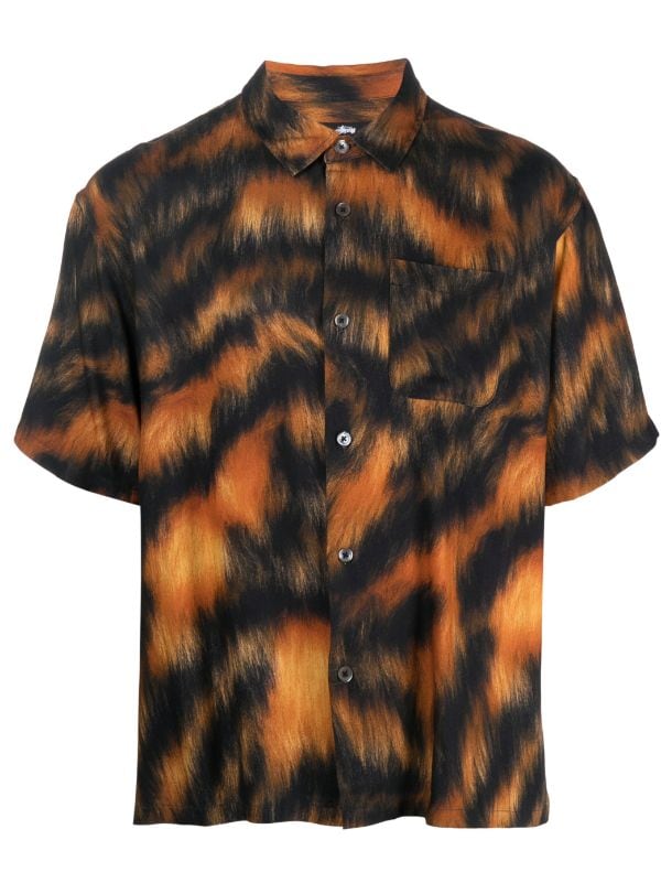 Stüssy Tiger-Print Short-Sleeve Shirt - Black