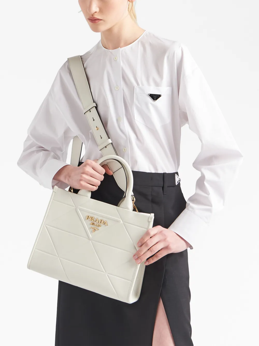 Shop Prada Small Symbole Leather Tote Bag In White