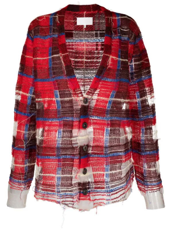 Maison Margiela Distressed plaid check Print Cardigan Red FARFETCH PH