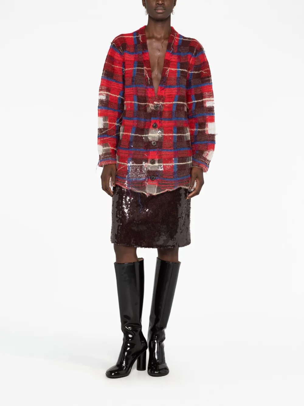 Maison Margiela distressed plaid-check print cardigan - Rood