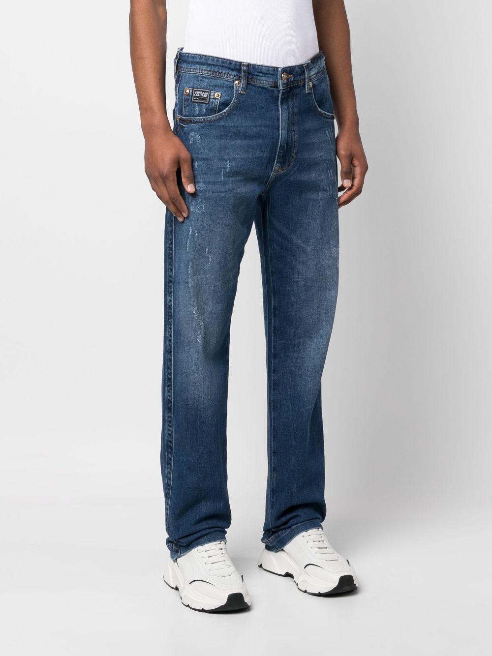 Shop Versace Jeans Couture Logo-patch Straight-leg Jeans In Blue