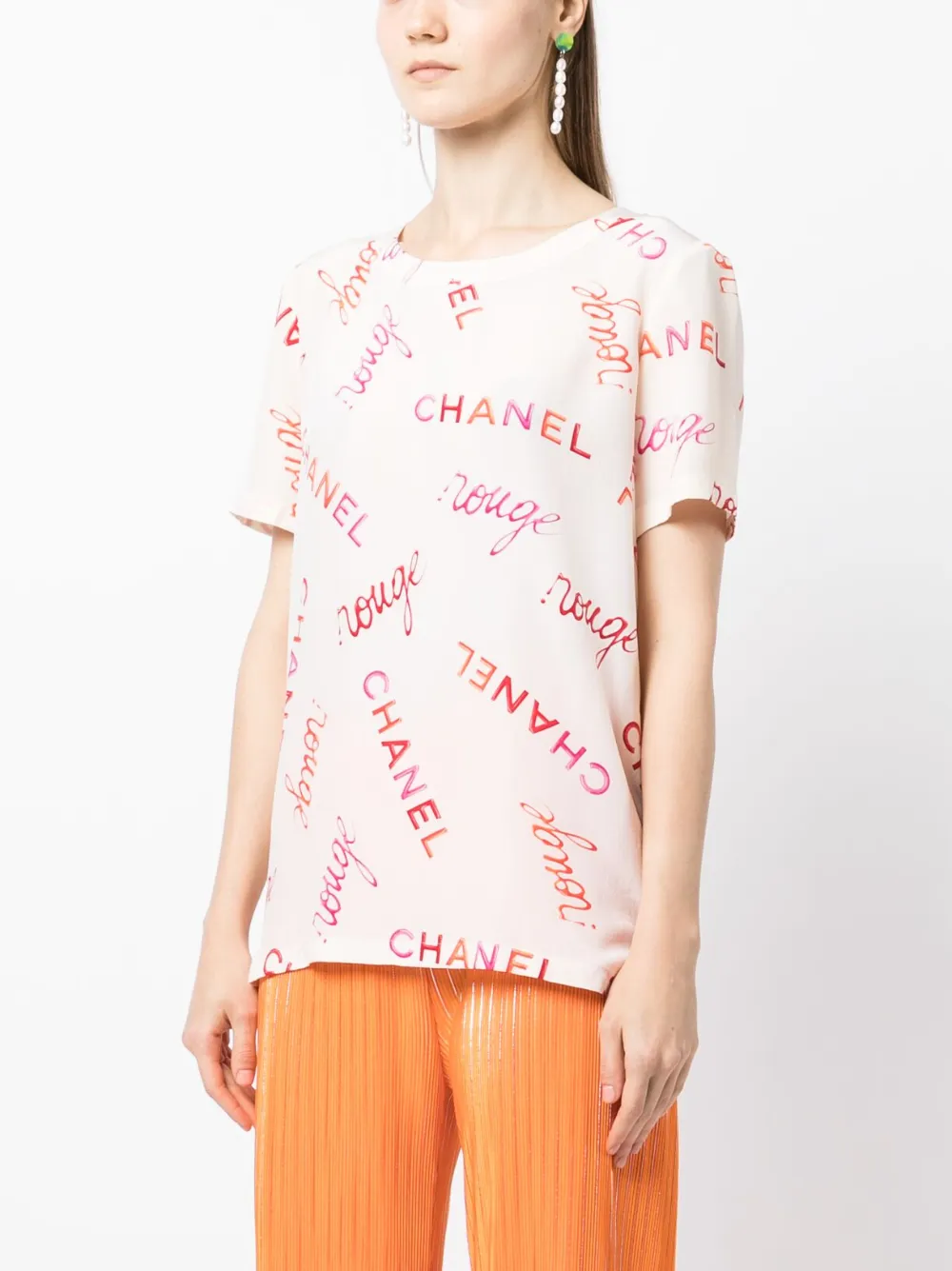 Pre-owned Chanel 1996 Logo-print Silk T-shirt In Neutrals