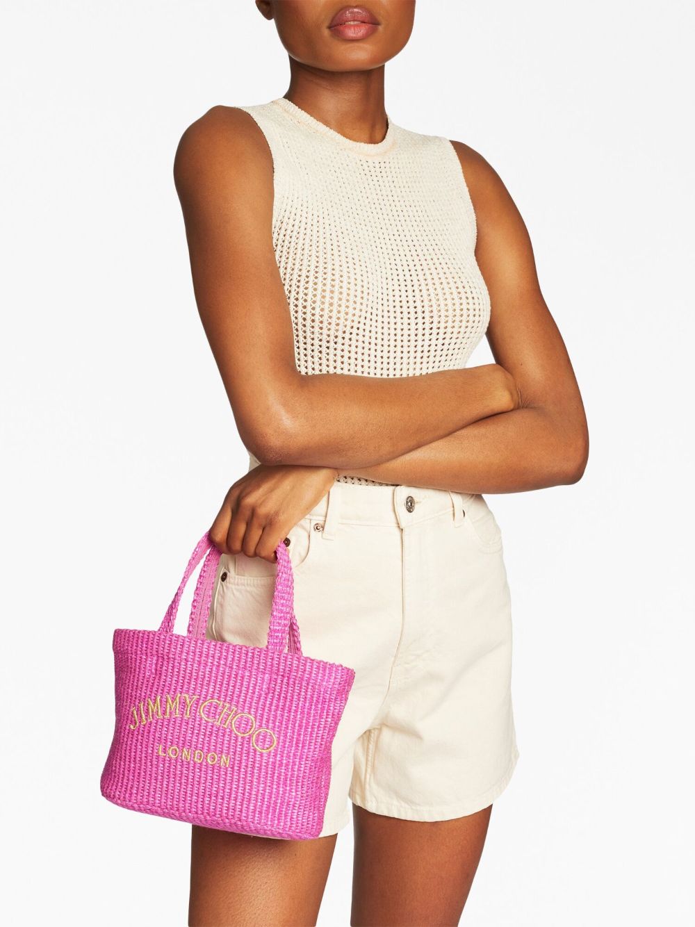 Shop Jimmy Choo Embroidered-logo Woven Tote In Rosa