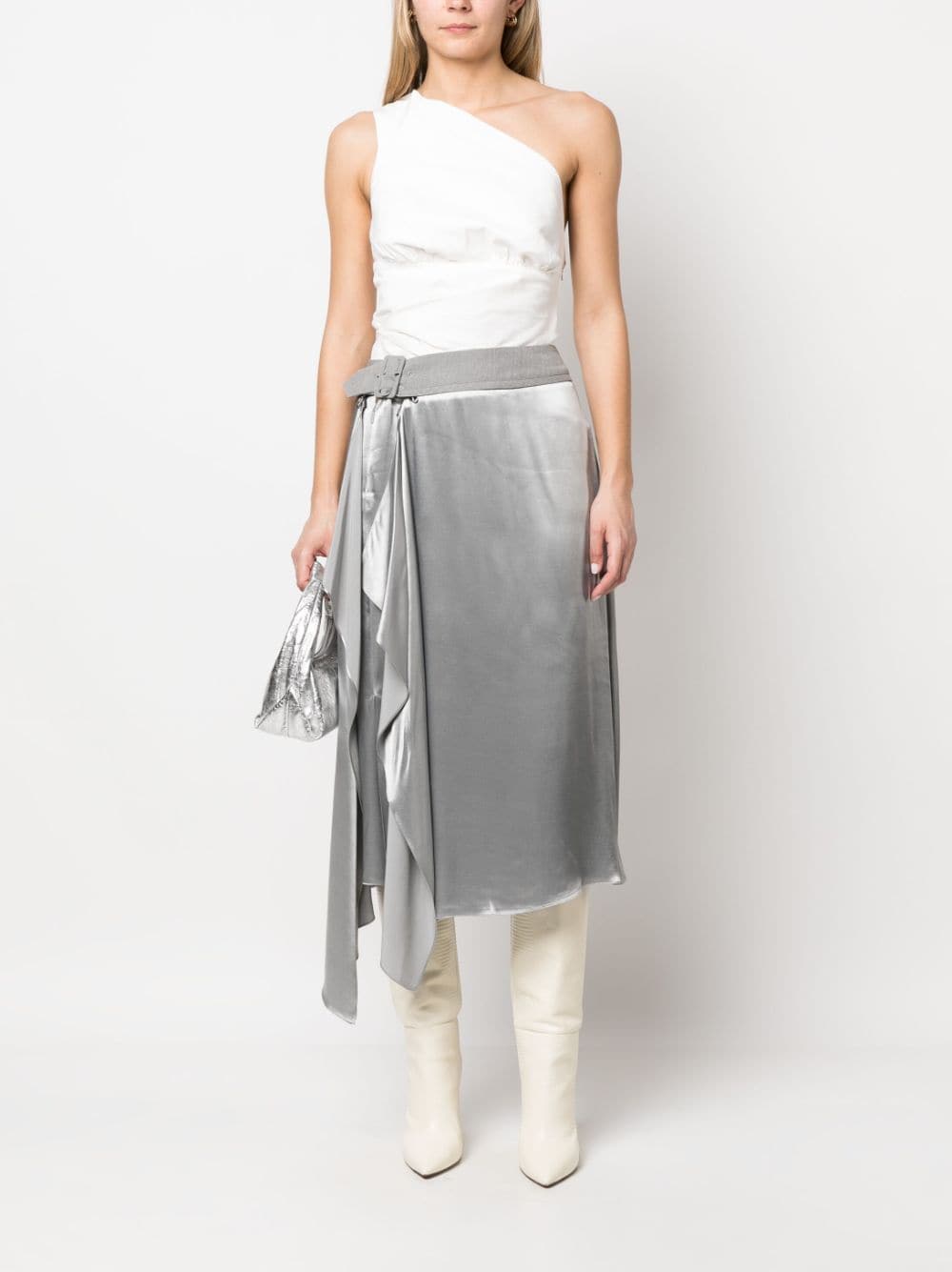 Shop Fendi Satin-finish Midi Skirt In Grey