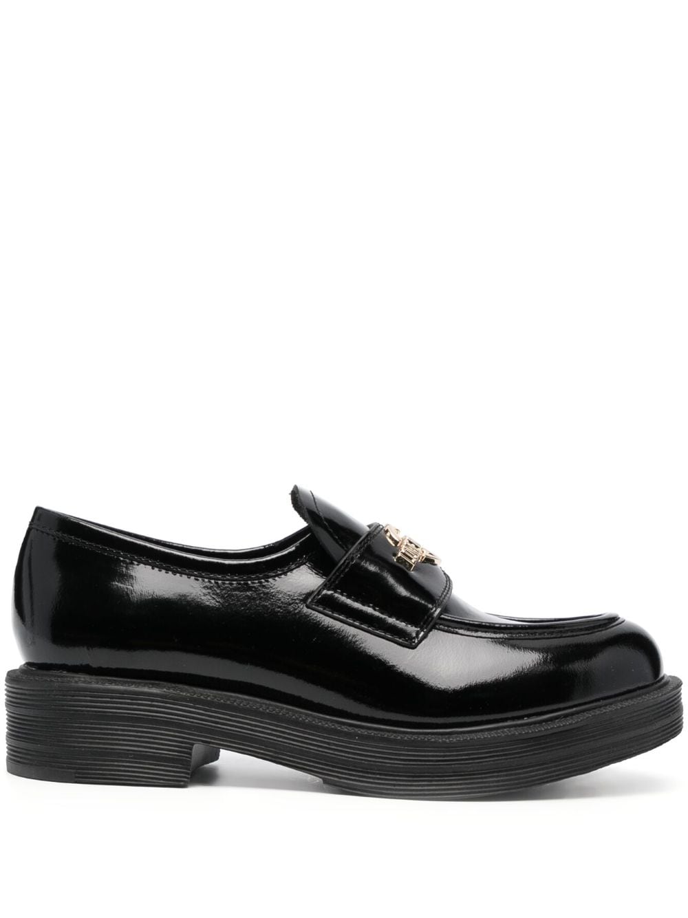 Shop Love Moschino Logo-plaque Leather Loafers In Black