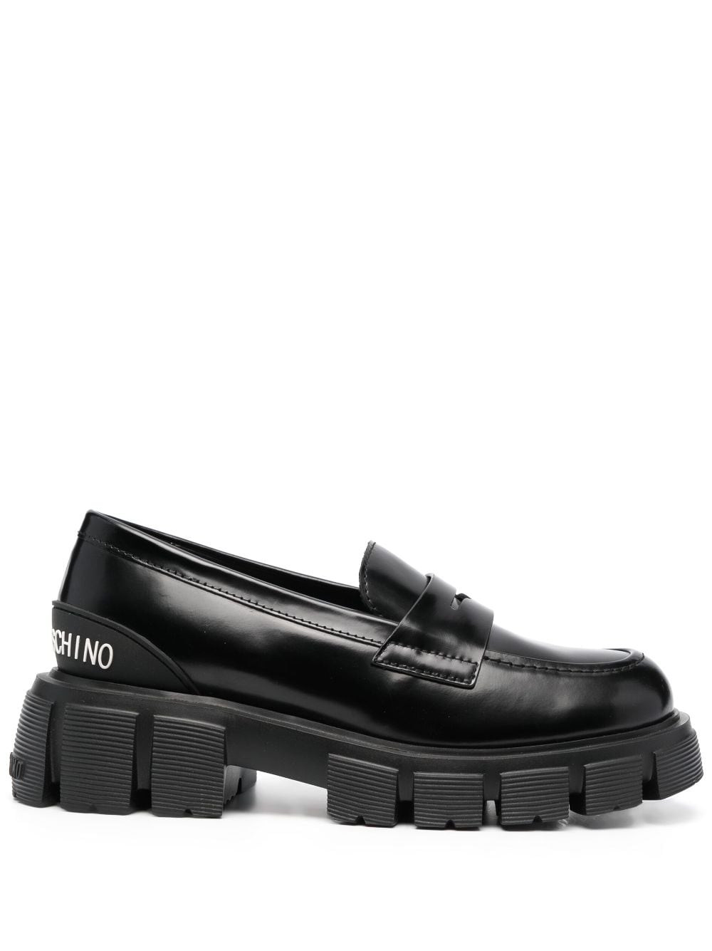 Shop Love Moschino Embossed-logo Leather Loafers In Black