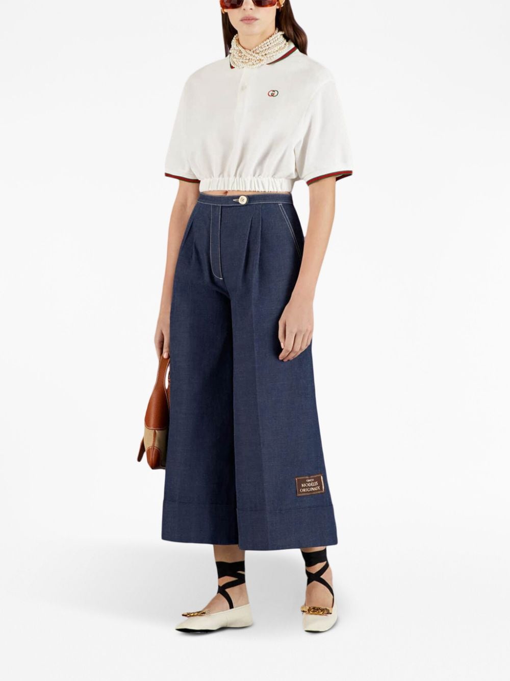 Shop Gucci Logo-patch Wide-leg Trousers In Blau