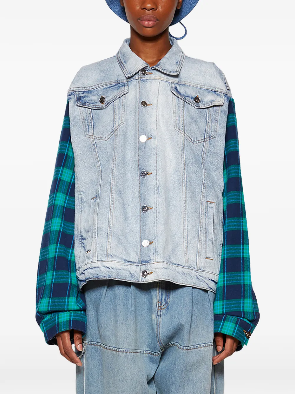 Natasha Zinko Denim jack met geruite mouwen Blauw