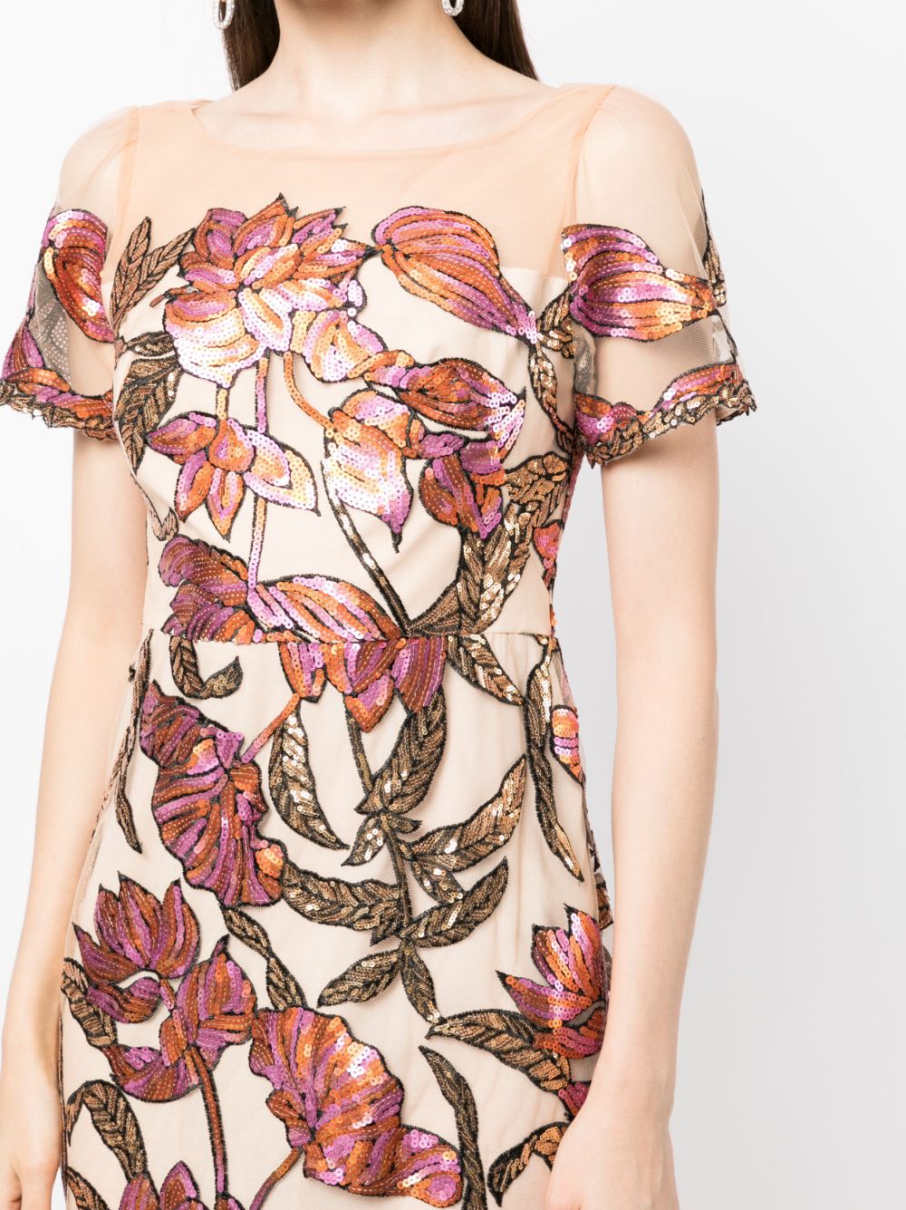 Shop Marchesa Notte Sequin-embellished Short-sleeve Midi Dress In Brown