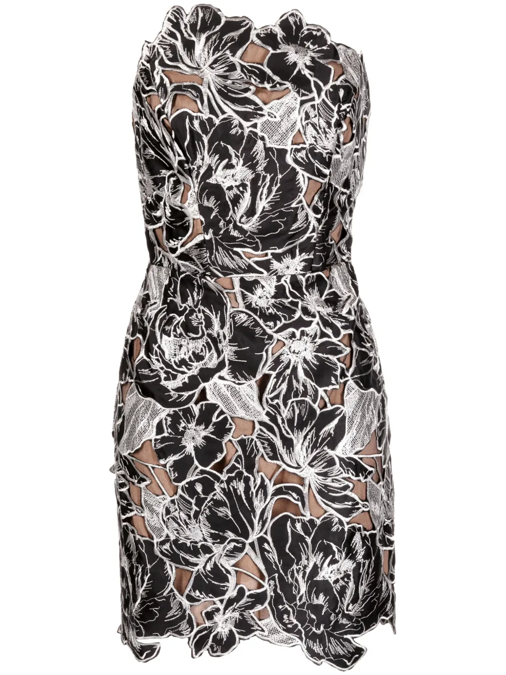 Marchesa Notte Embroidered Tulip Mini Dress In Black