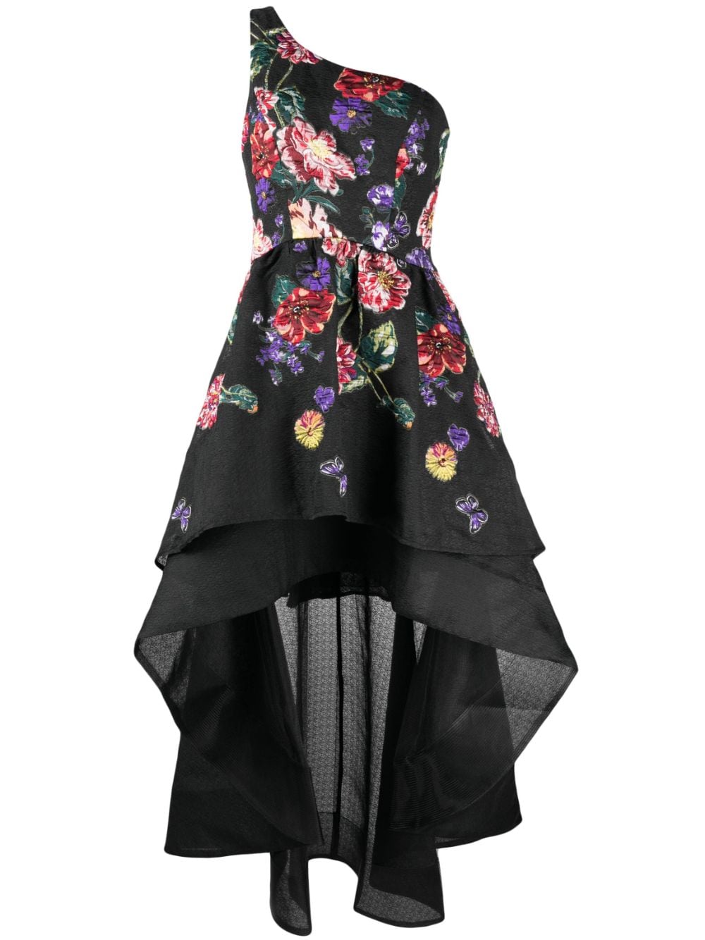 Marchesa Notte floral-embroidered one-shoulder tiered dress