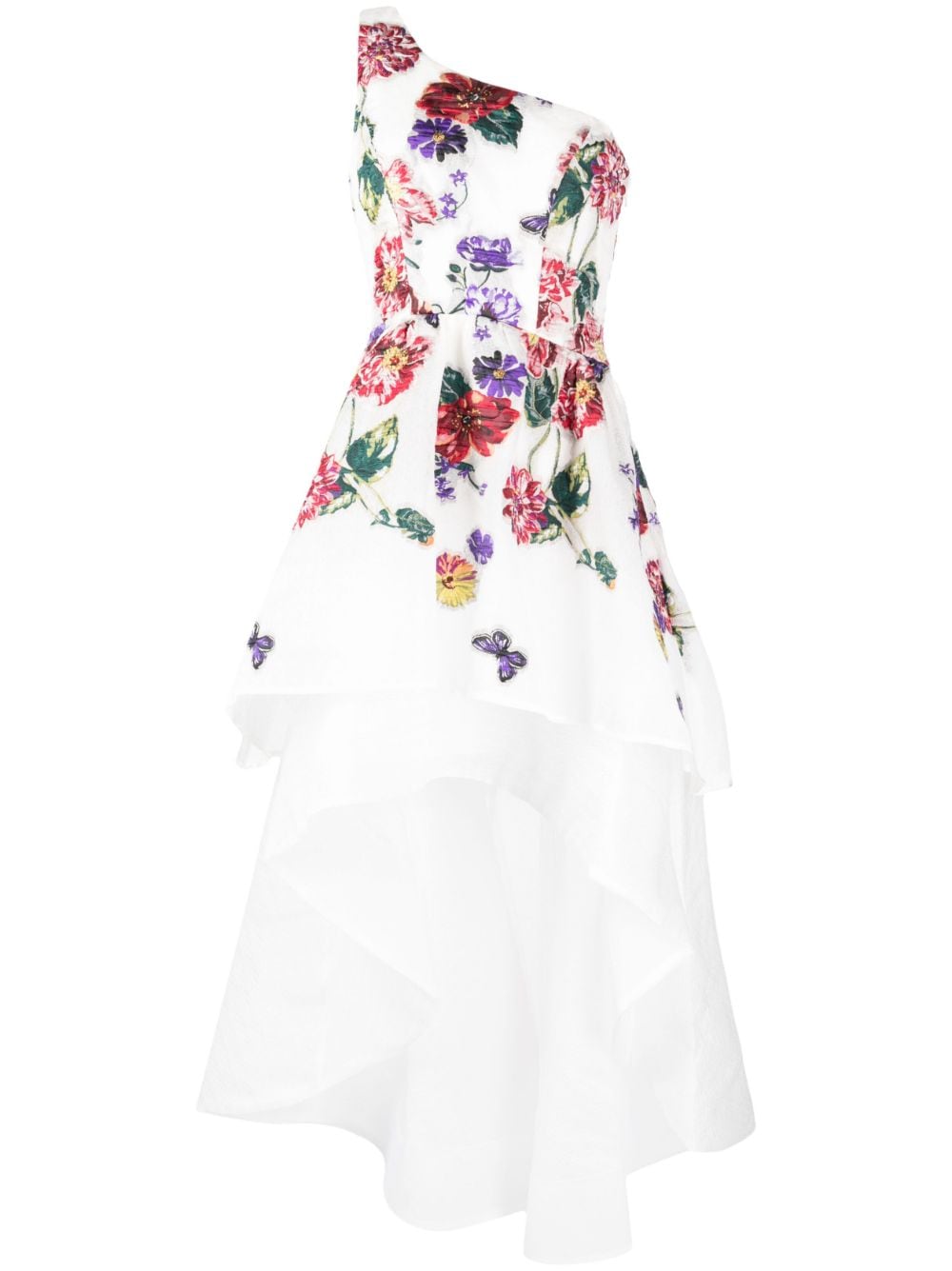 Marchesa Notte Floral-embroidered One-shoulder Tiered Dress In Multi