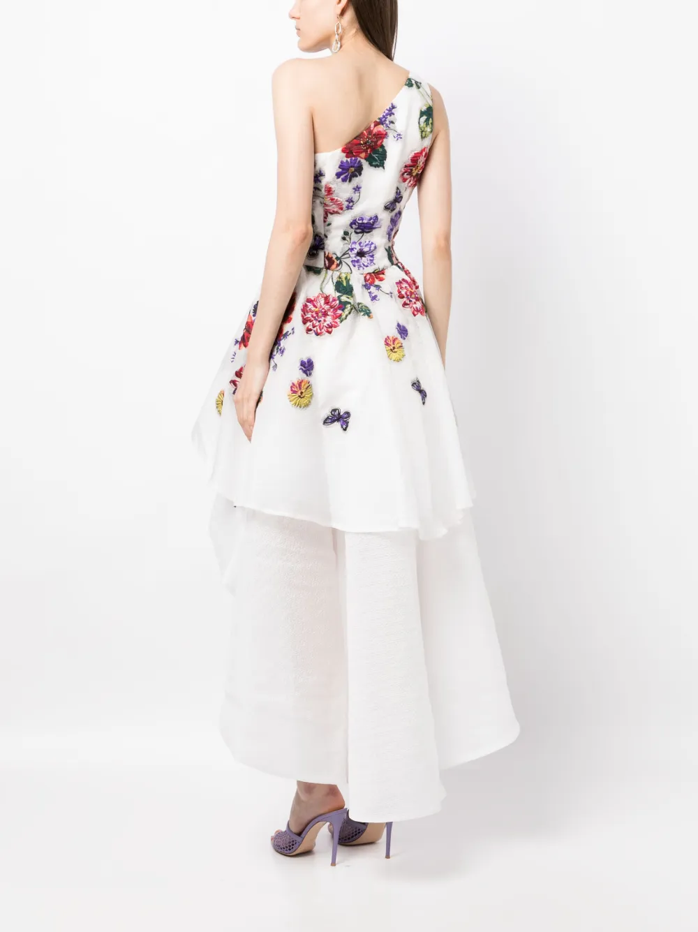 Marchesa Notte floral-embroidered one-shoulder Tiered Dress - Farfetch