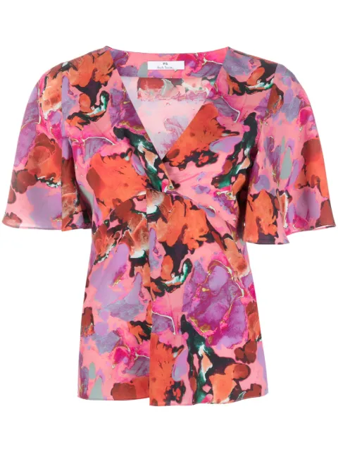 PS Paul Smith gathered-detail abstract-print blouse
