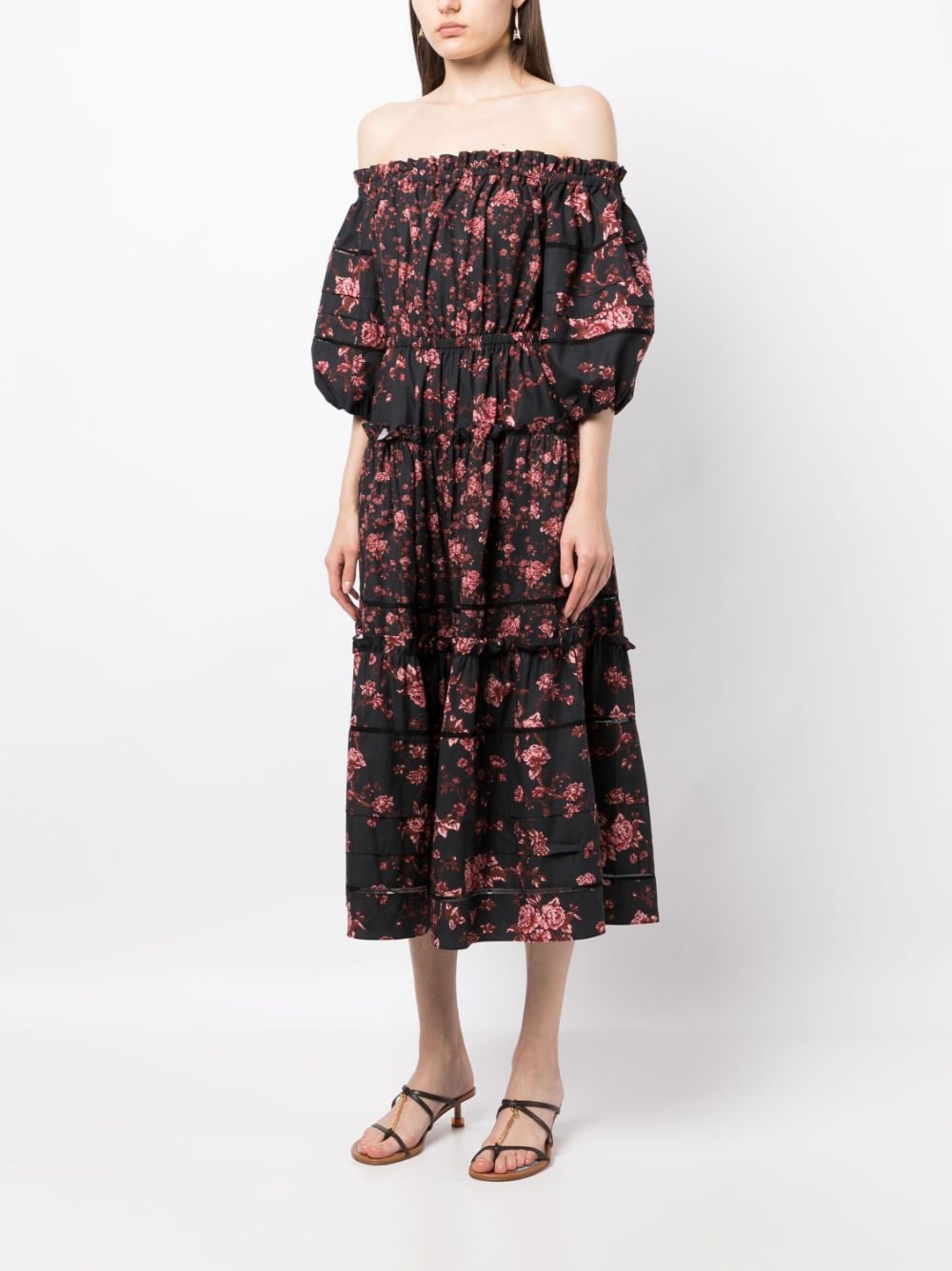 Shop Marchesa Rosa Ayana Floral-print Off-shoulder Midi Dress In Black