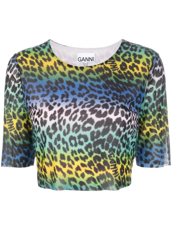 Ganni Leopard-print Crop Women T-Shirt - Green