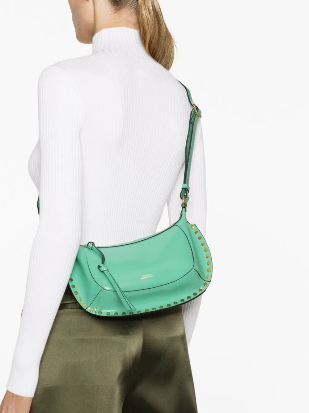 Isabel Marant Oskan Moon Studded Leather Shoulder Bag In Grün