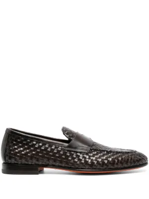 Santoni Black Woven Leather Slip-On Loafers Santoni Woven Leather Loafers - Blue | MCNC13903LA3SWNC  main image 3