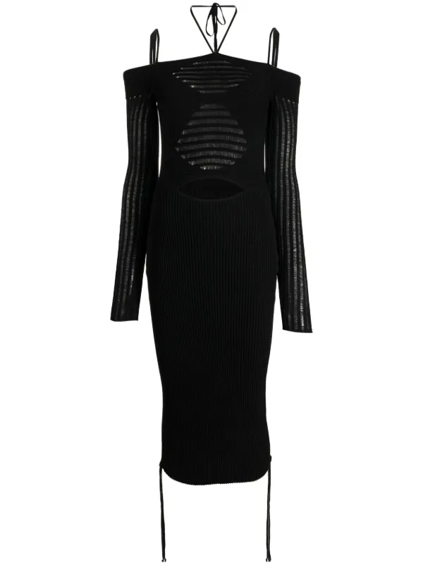 knee length dresses for ladies Grunge Gothic Midi Dress  Cold Shoulder & Front Slits