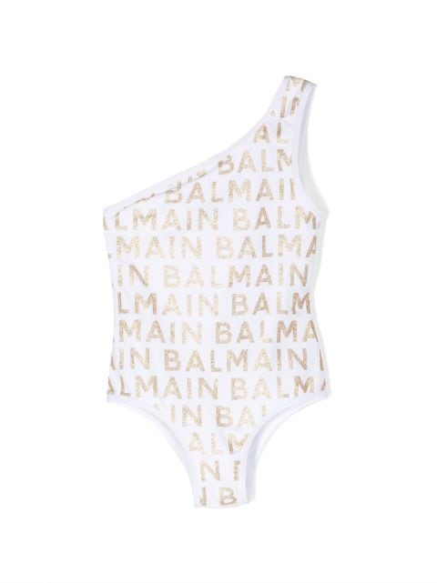 Balmain Kids glittery logo-detail one-shoulder swimsuit