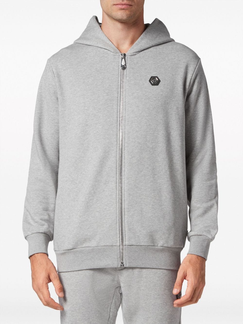 Shop Philipp Plein Logo-patch Zipped Hoodie In Grey