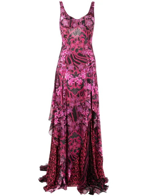 Versace Orchid Barocco-print ruffled silk dress
