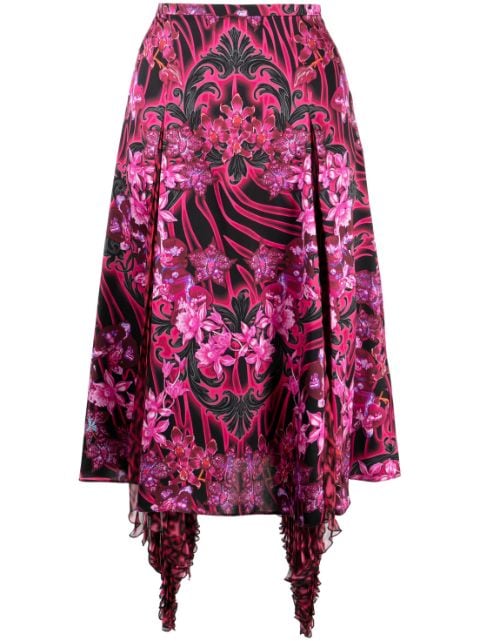 Versace Orchid Barocco-print asymmetric silk skirt