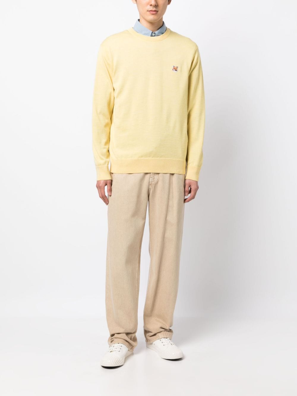 Shop Maison Kitsuné Embroidered-logo Knitted Wool Jumper In Yellow