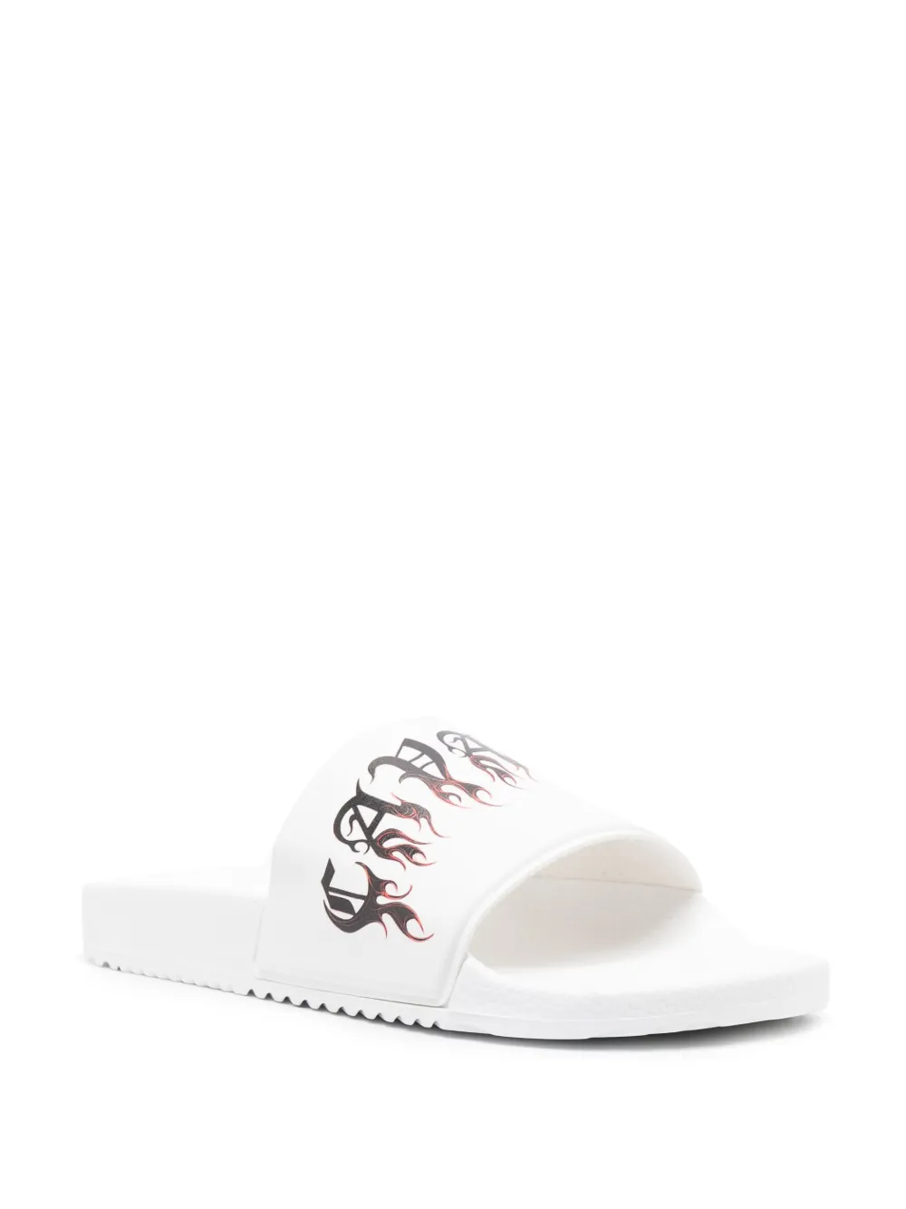 Shop Roberto Cavalli Gothic Logo-print Slides In White