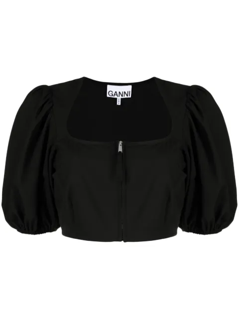 GANNI cropped puff-sleeve blouse