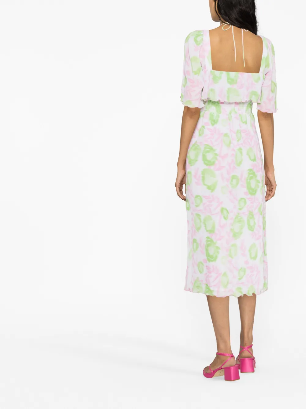 Ganni Short Sleeve Pleated Georgette Midi Smock Dress In Pink
