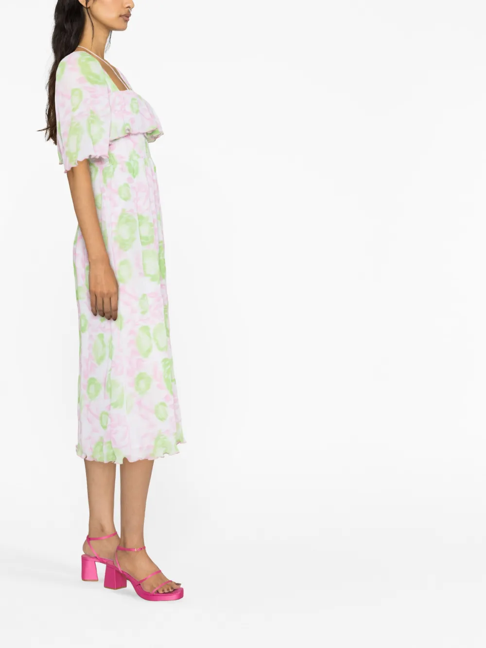 Ganni Short Sleeve Pleated Georgette Midi Smock Dress In Pink