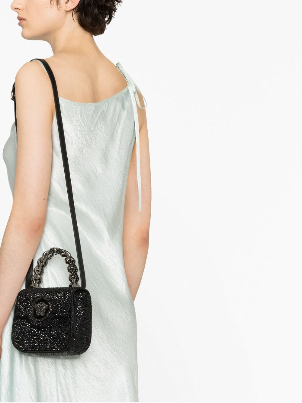 Shop Versace La Medusa Crystal-embellished Mini Bag In Black