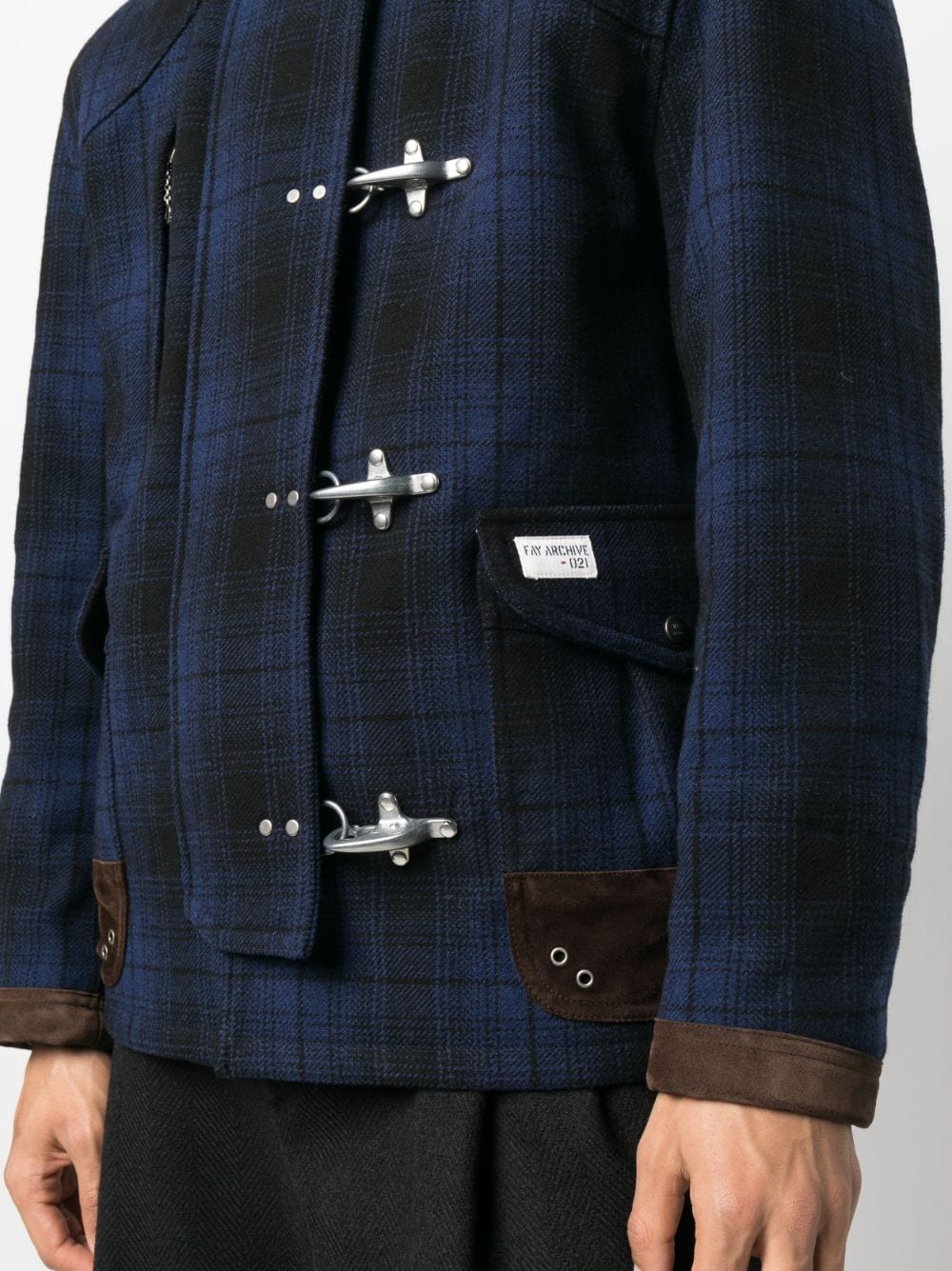 Shop Fay Leather Detailing Checked Jacket In Blue