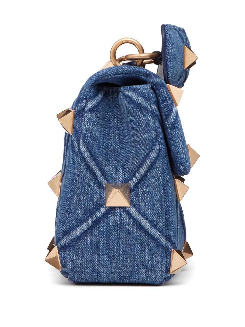 Shop Valentino Small Roman Stud Denim Shoulder Bag In Blue
