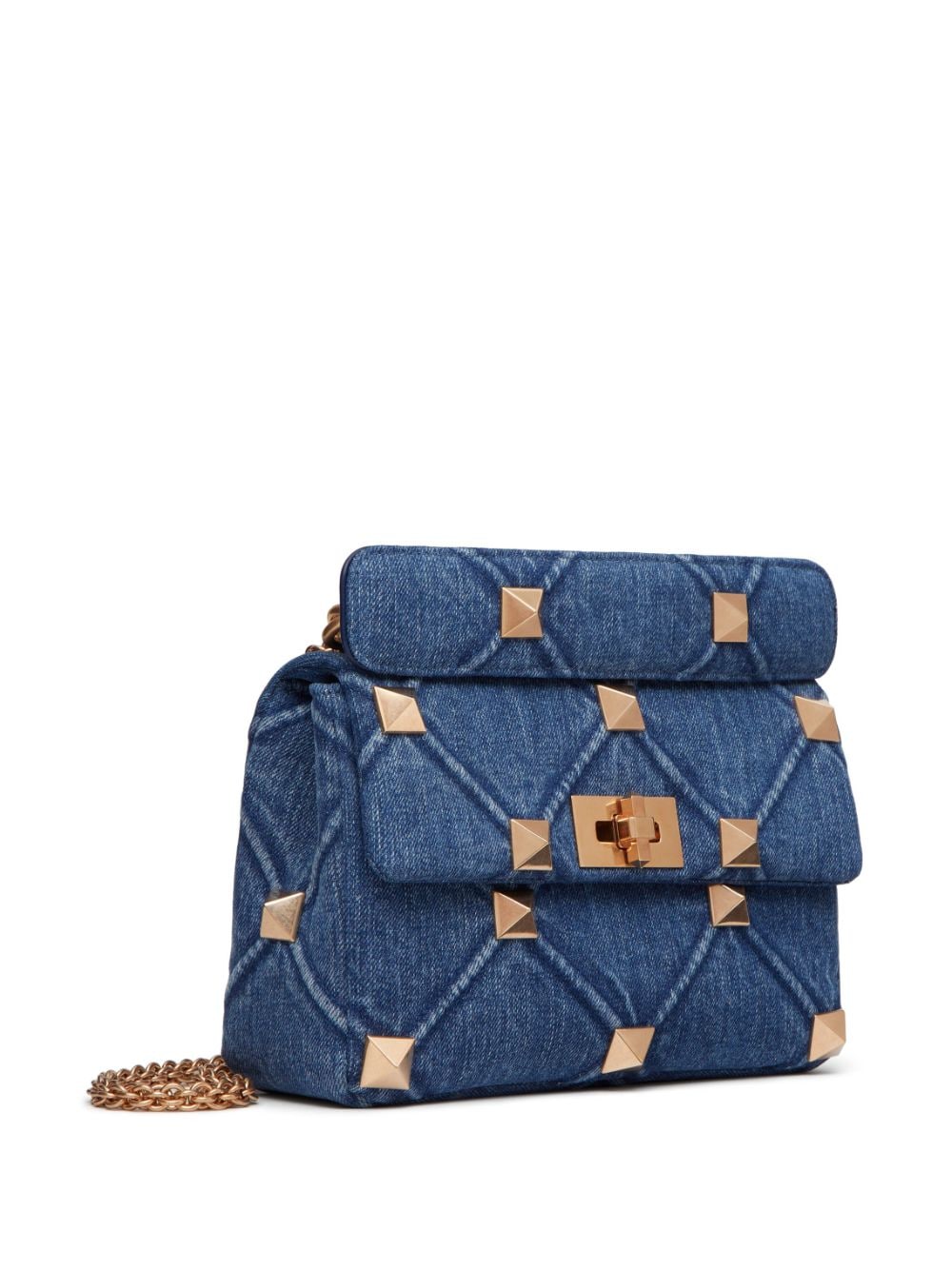 Shop Valentino Small Roman Stud Denim Shoulder Bag In Blue