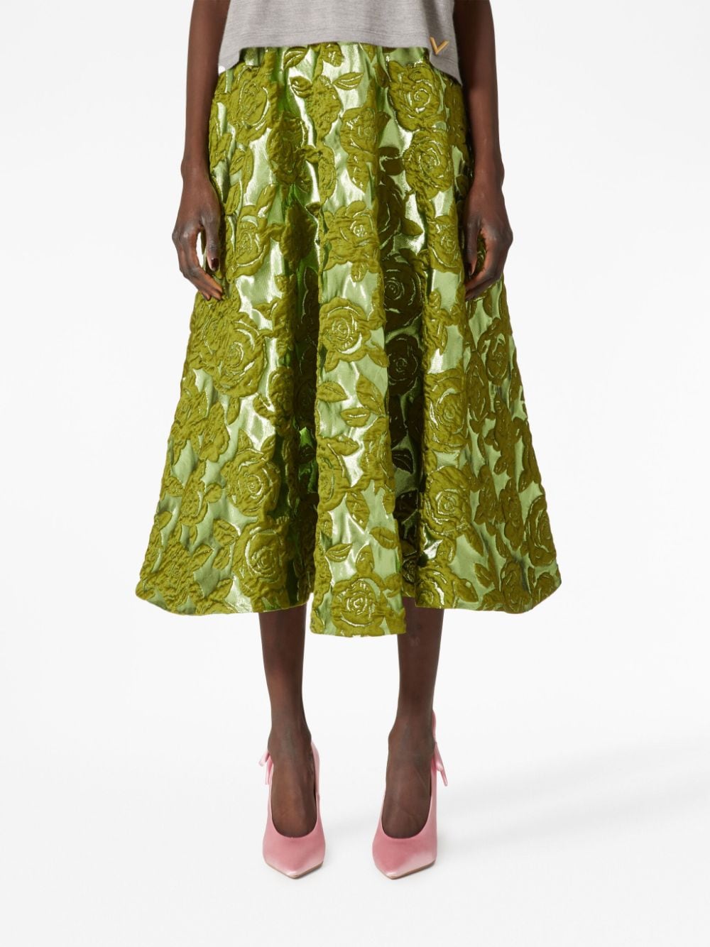 Shop Valentino Rose Moiré Brocade Midi Skirt In Green