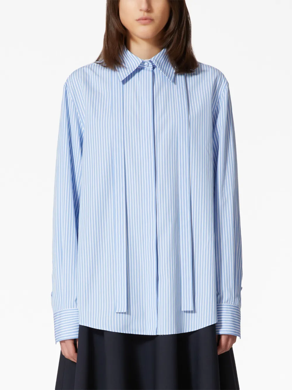 Valentino Stripe Neck-tie Cotton Collared Shirt In Blue