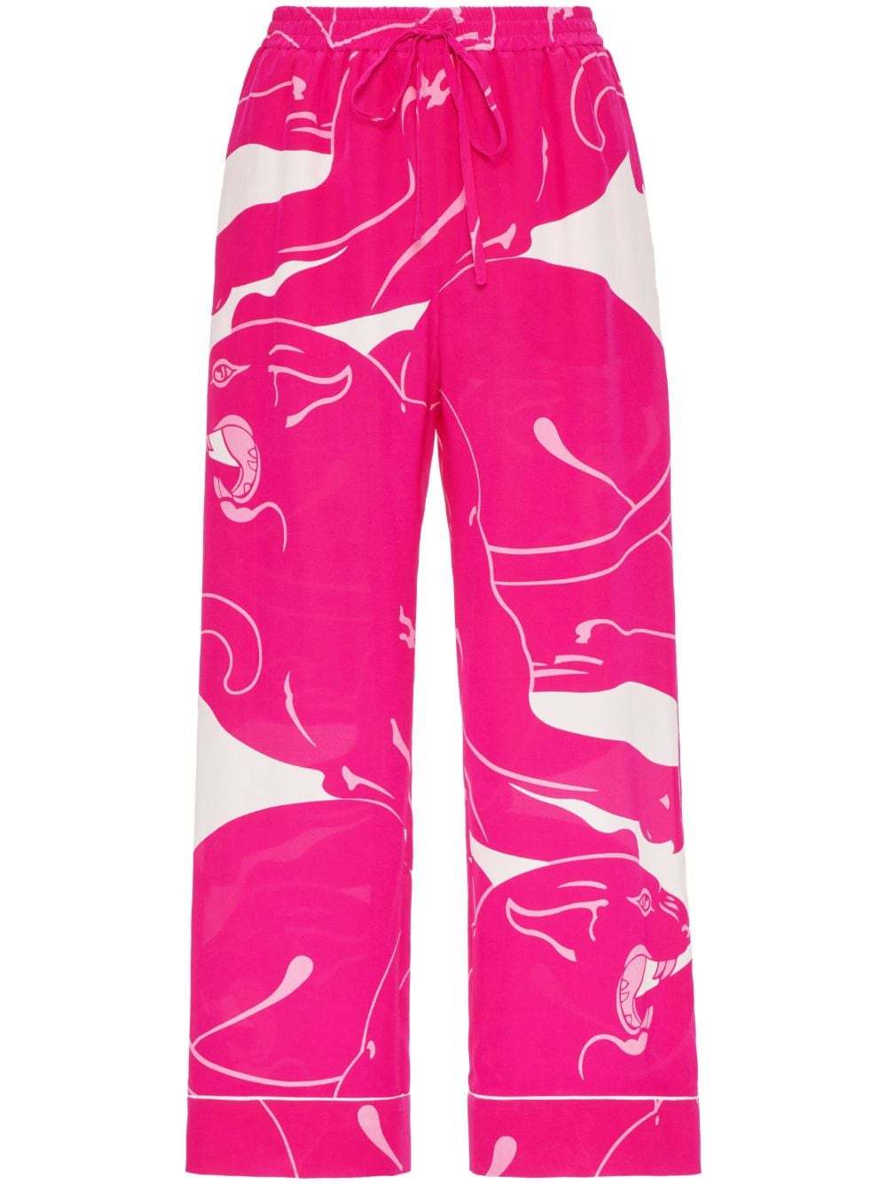 Shop Valentino Panther-print Silk Cropped Trousers In Pink
