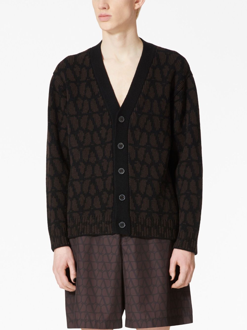 Shop Valentino Toile Iconographe Wool Cardigan In Brown