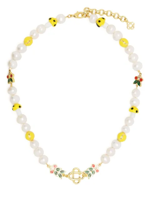 Casablanca - Laurel logo-plaque beaded pearl necklace